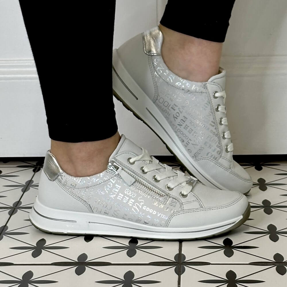 Ara Osaka 2.0 H Fit Leather Trainers 12-24801 Nebbia White Silver