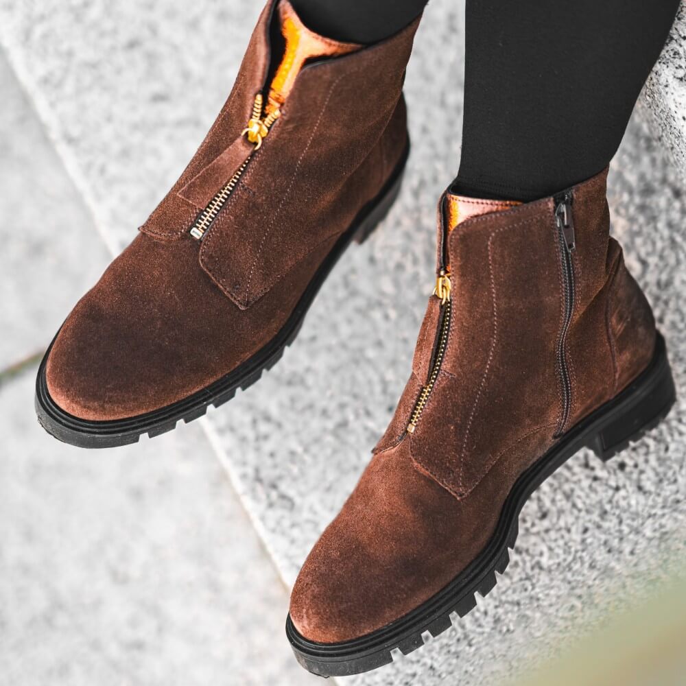 Brown suede boots with gold zippers on a light gray background Ara Tulsa Suede Leather Ankle Boots 12-29520 Brown