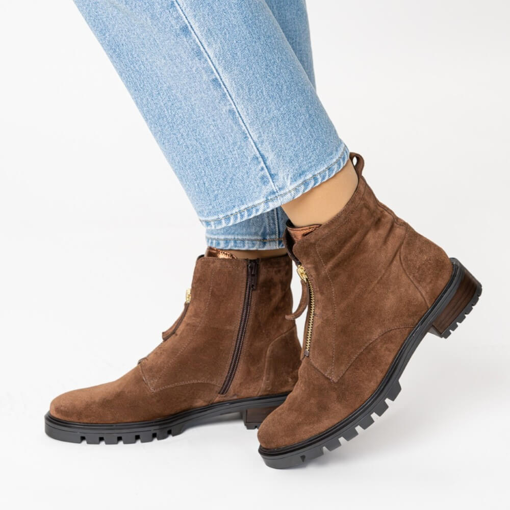 Brown suede ankle boots worn with light blue jeans on a white Ara Tulsa Suede Leather Ankle Boots 12-29520 Brownbackground