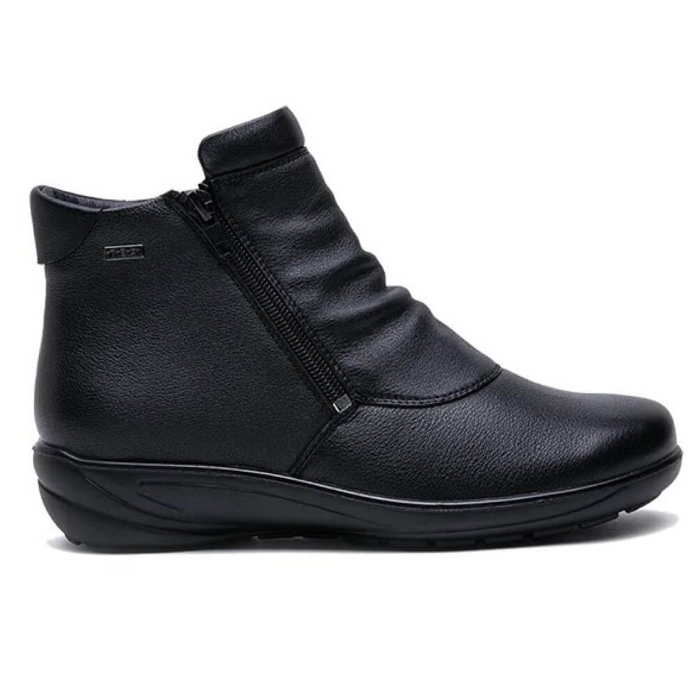 Black leather ankle boot with two zippers on the side, featuring a low heel and round toe.