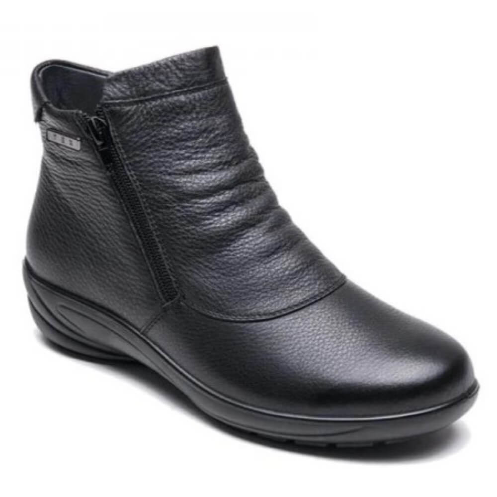 Black leather ankle boot with two zippers on the side, featuring a low heel and round toe.