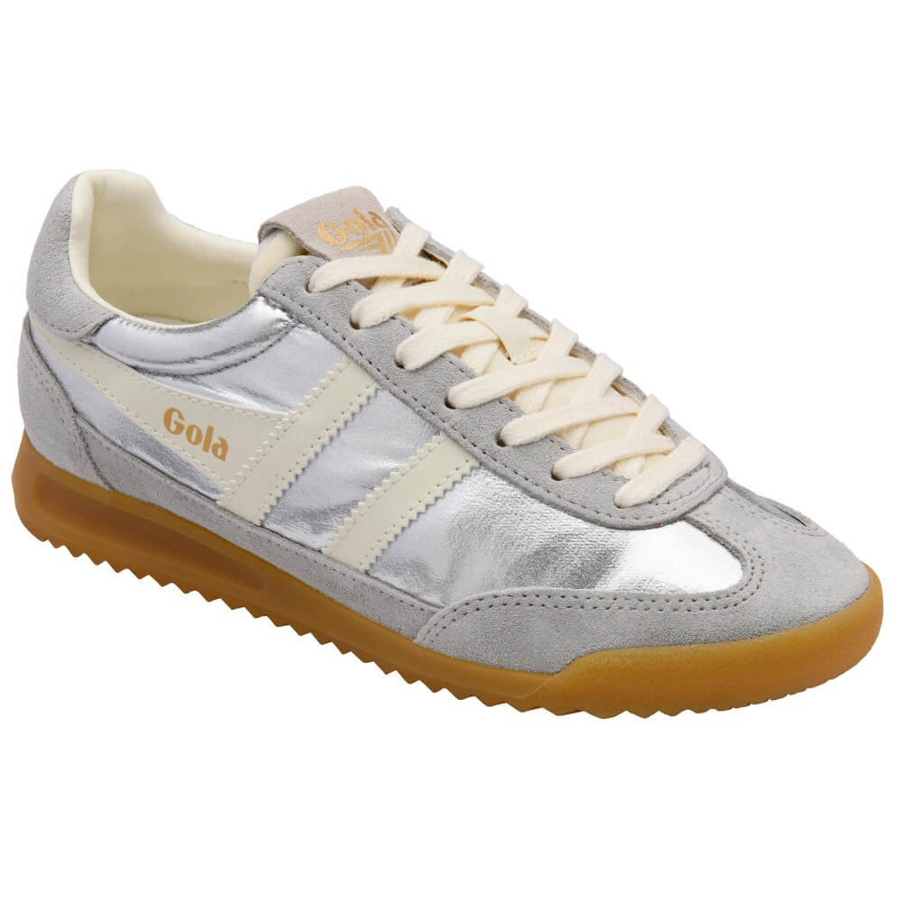 Gola Firefly Silver sneaker with white laces and brown sole on a white background