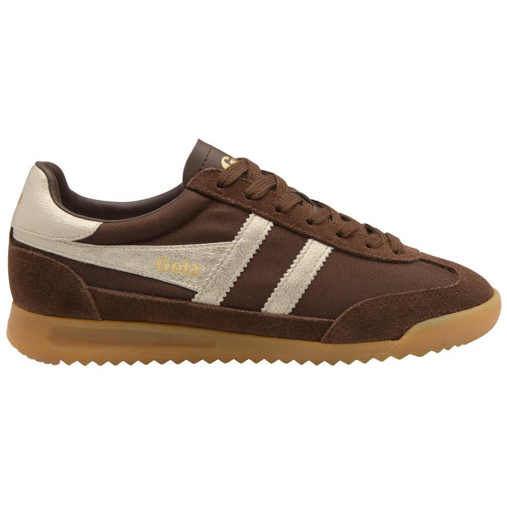 A brown suede and canvas low-top sneaker with cream-colored side stripes, a gold 'Gola' logo on the side, and a gum sole, shown from a side profile on a white background.