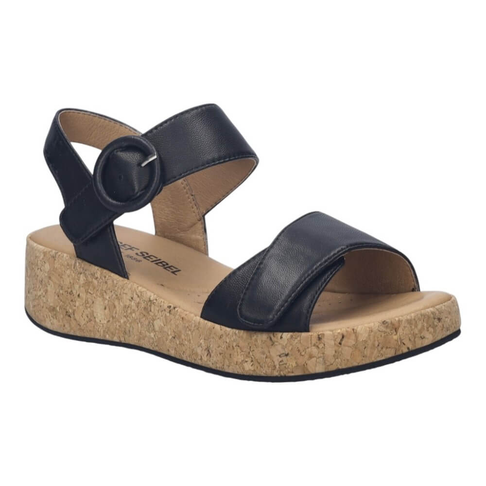 Josef Seibel Black leather sandal with cork platform on a white background
