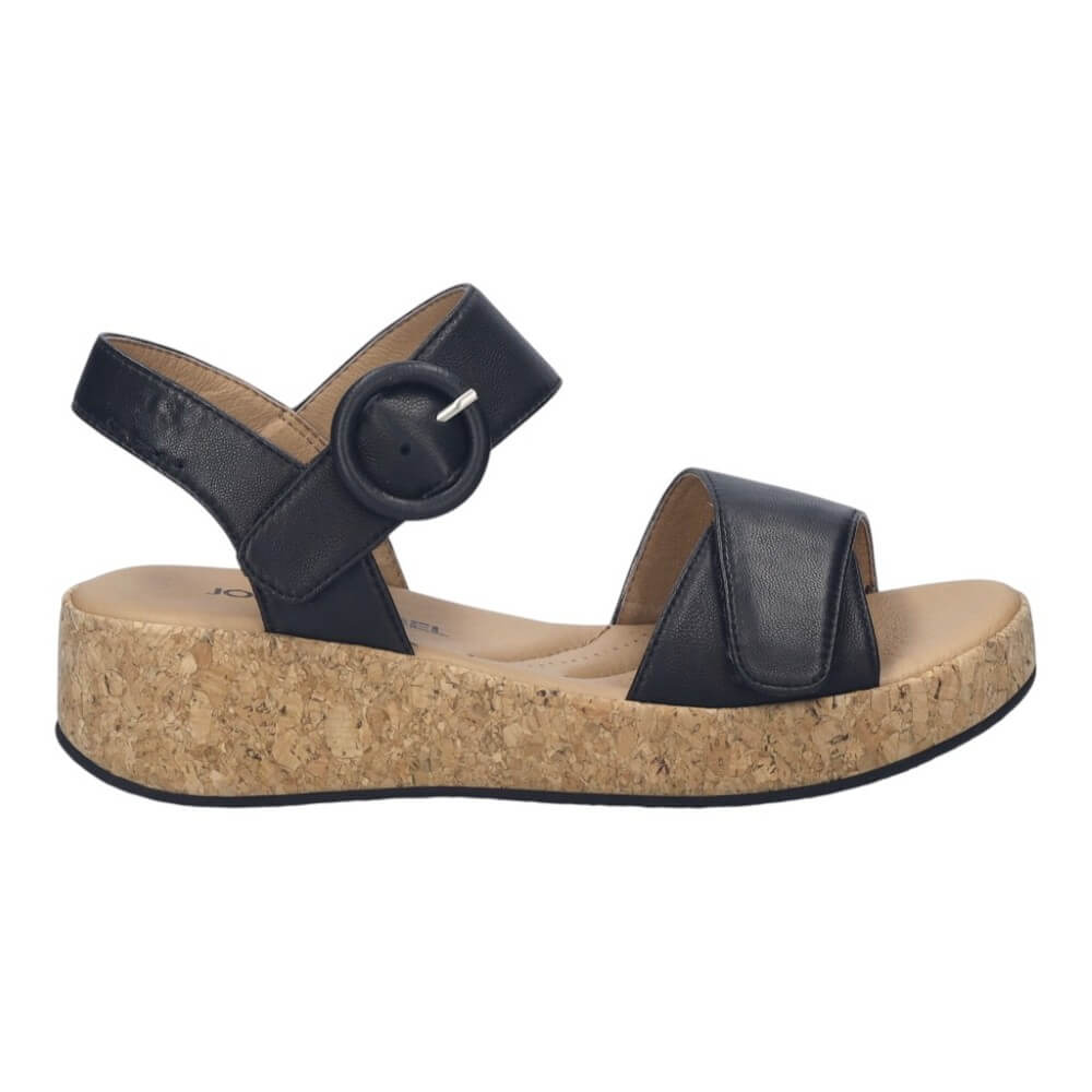 Josef Seibel Black leather sandal with cork platform on a white background