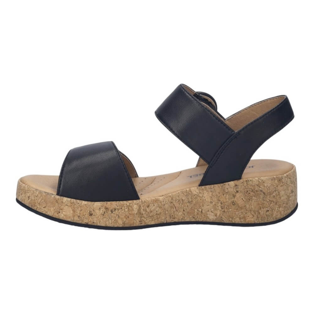 Josef Seibel Black leather sandal with cork platform on a white background