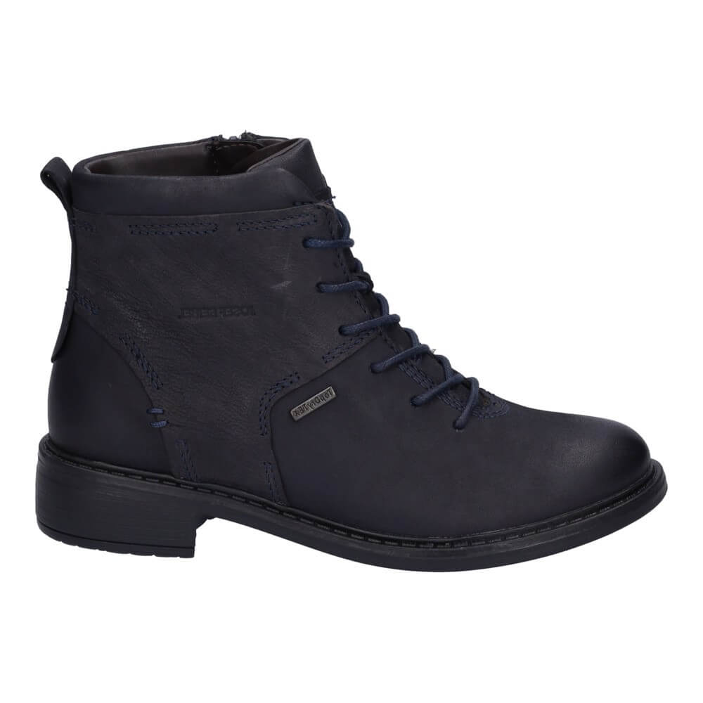 navy leather boot with blue laces on a white background