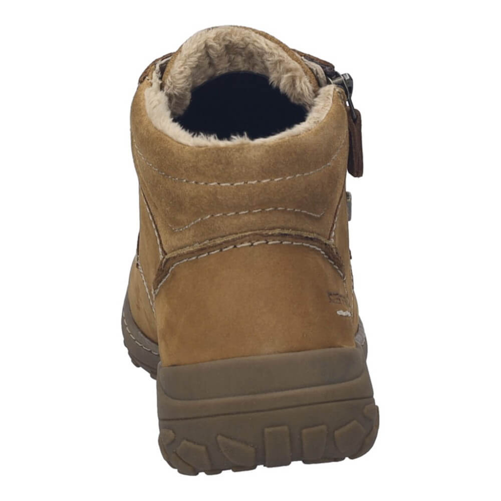 Brown waterproof boot with a visible 'Waterproof' label on a white background