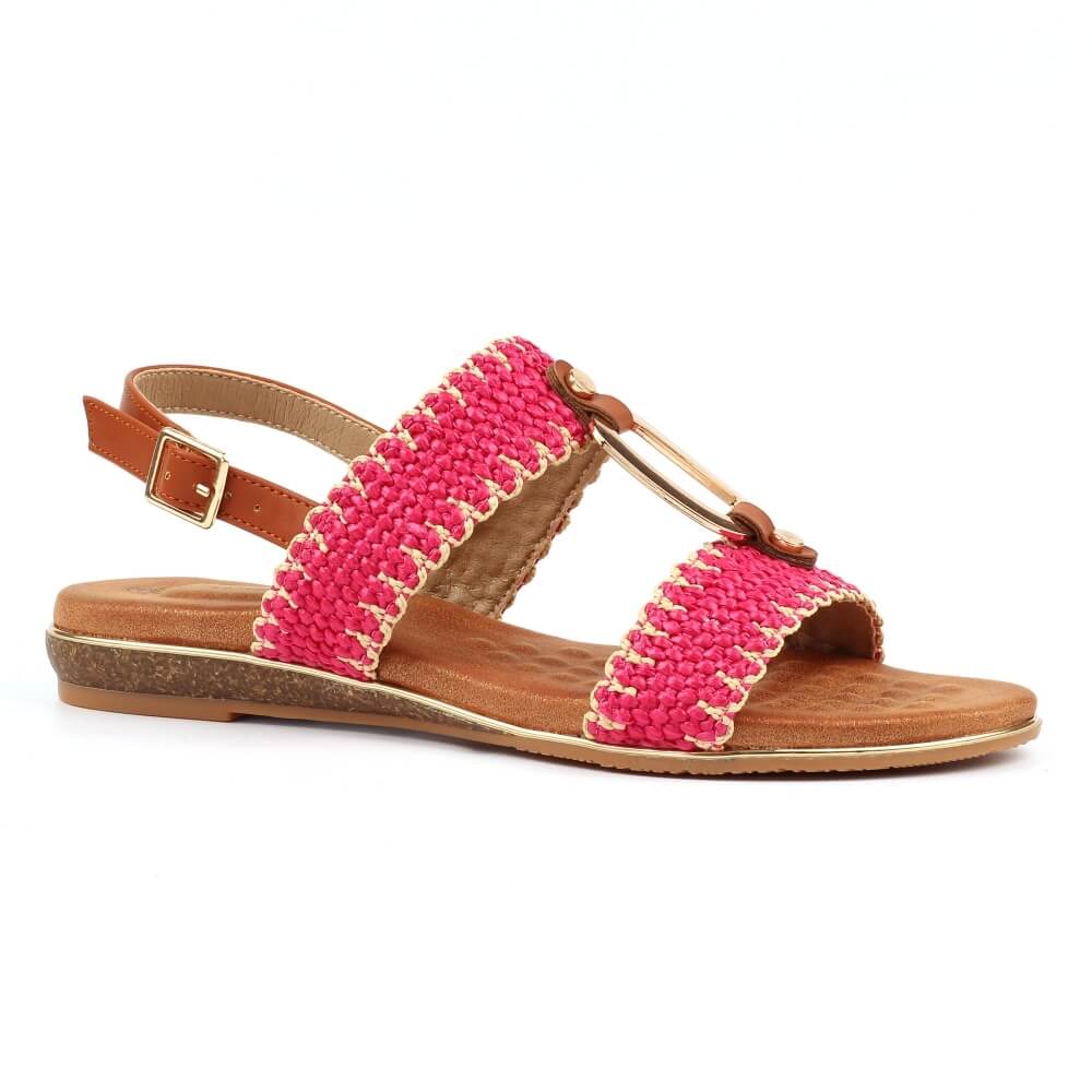 lunar jules Pink woven sandal with brown straps on a white background