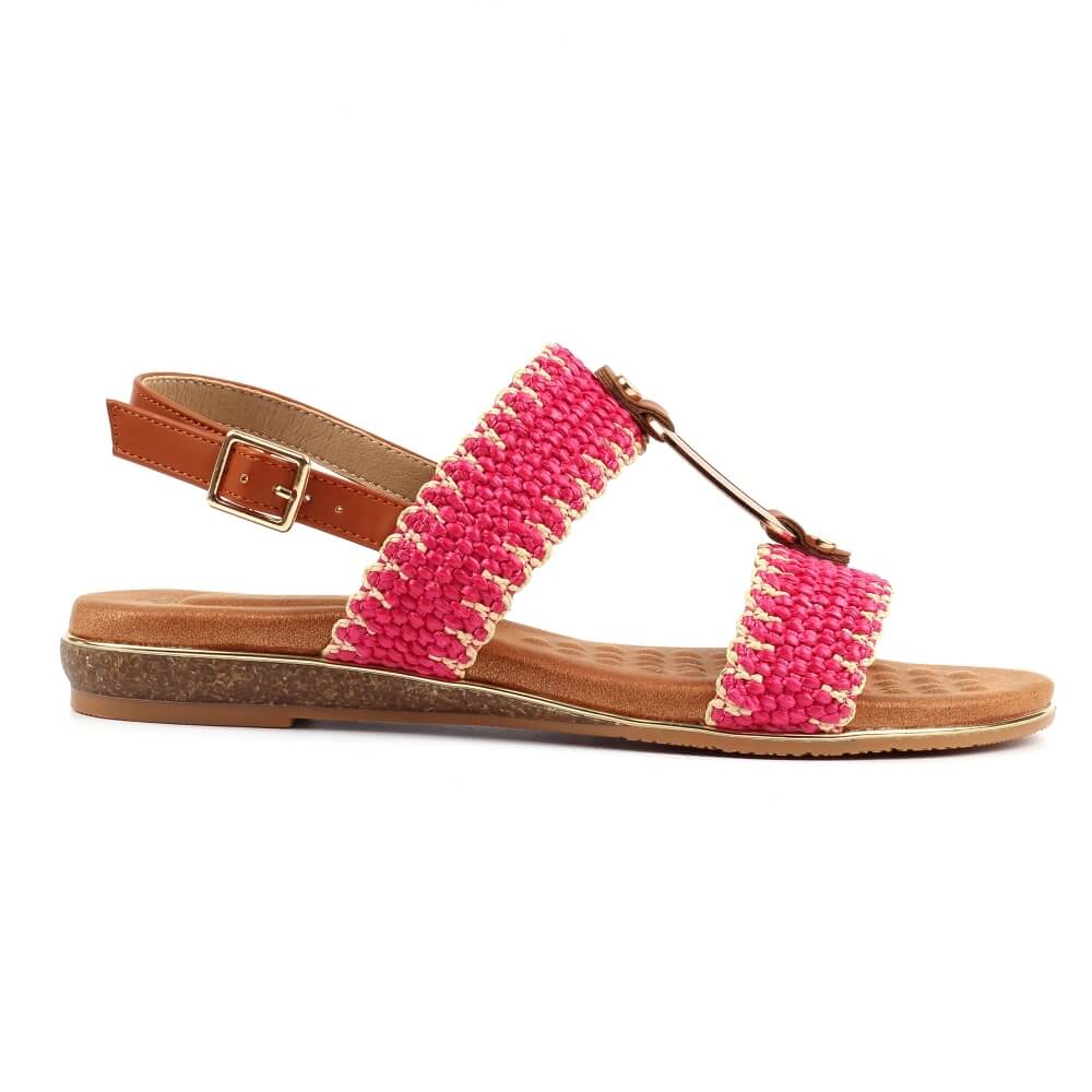lunar jules Pink woven sandal with brown straps on a white background