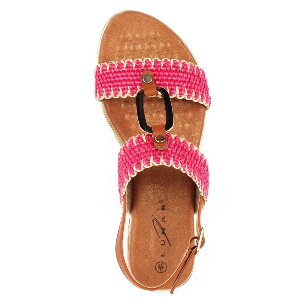 lunar jules Pink woven sandal with brown straps on a white background