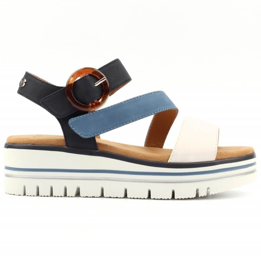 Lunar Multi-coloured sandal with blue, white, and brown straps on a white background