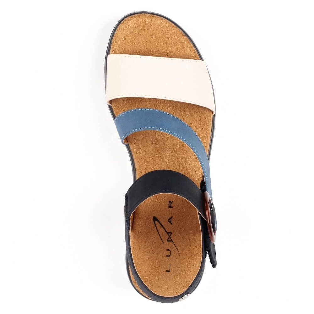 Lunar Multi-coloured sandal with blue, white, and brown straps on a white background