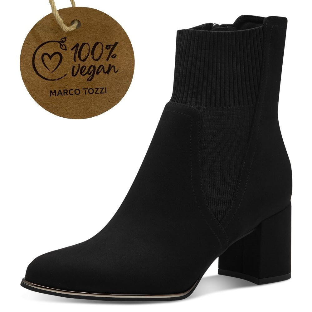 Black ankle boot with a heel and visible zipper, marked as 100% vegan. Marco Tozzi 2-25392 Vegan Sock Boot-BLACK
