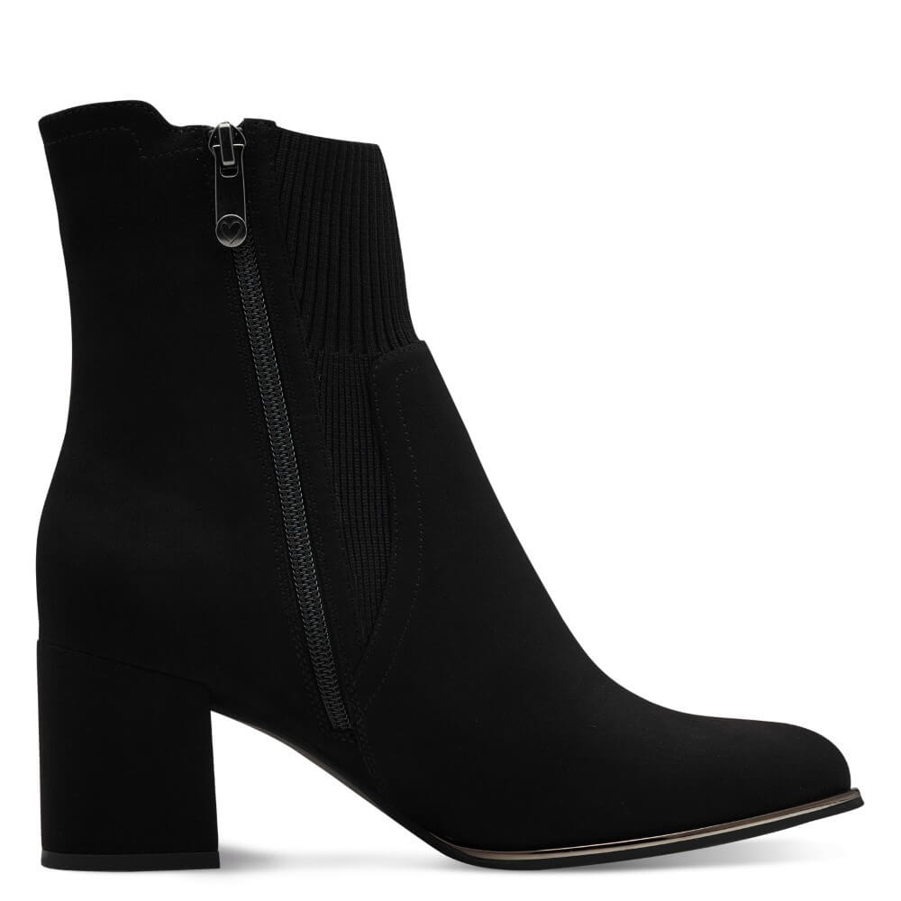 Black ankle boot with a heel and visible zipper, marked as 100% vegan. Marco Tozzi 2-25392 Vegan Sock Boot-BLACK