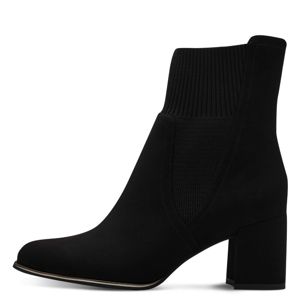 Black ankle boot with a heel and visible zipper, marked as 100% vegan. Marco Tozzi 2-25392 Vegan Sock Boot-BLACK