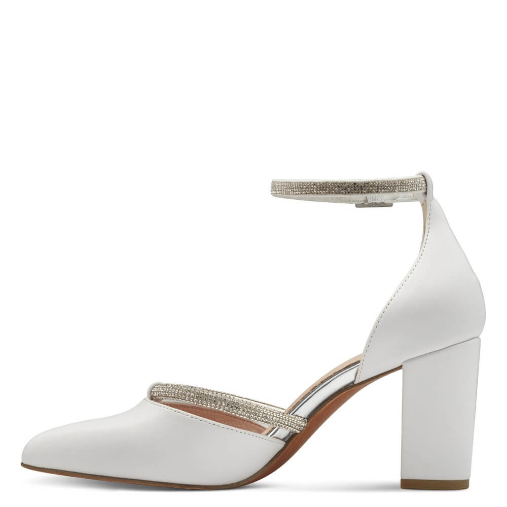 White high-heeled shoe with a decorative strap on a white background