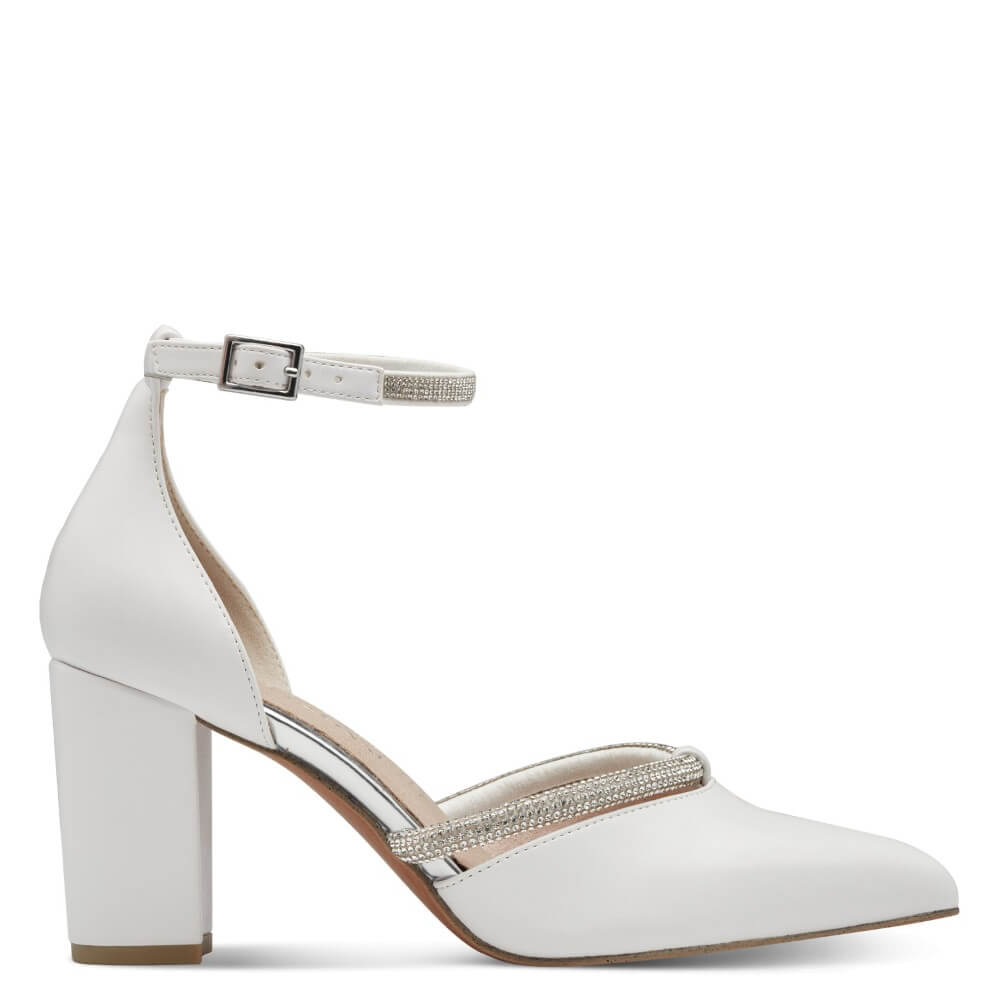 Ankle Strap block heel white sandal with crystal strap