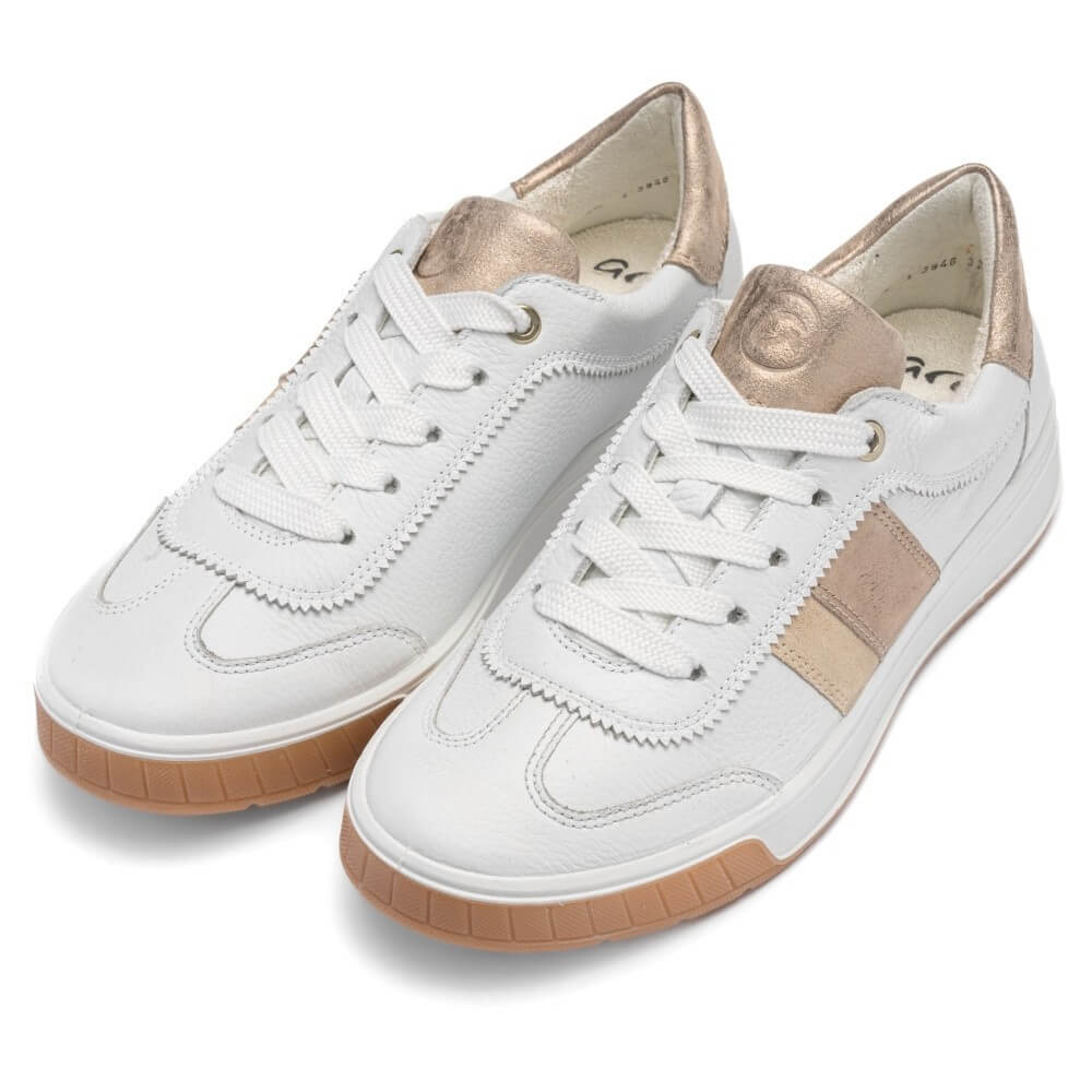 video of ara rom 12-50028 White sneakers with brown soles worn with beige pants on a white background