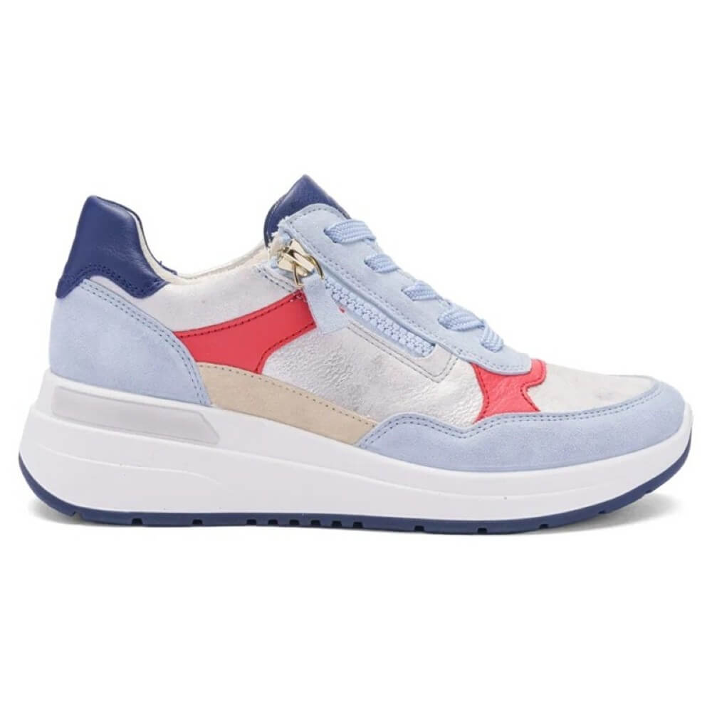 Video of Multi-coloured sneaker with blue, white, and red accents on a white background