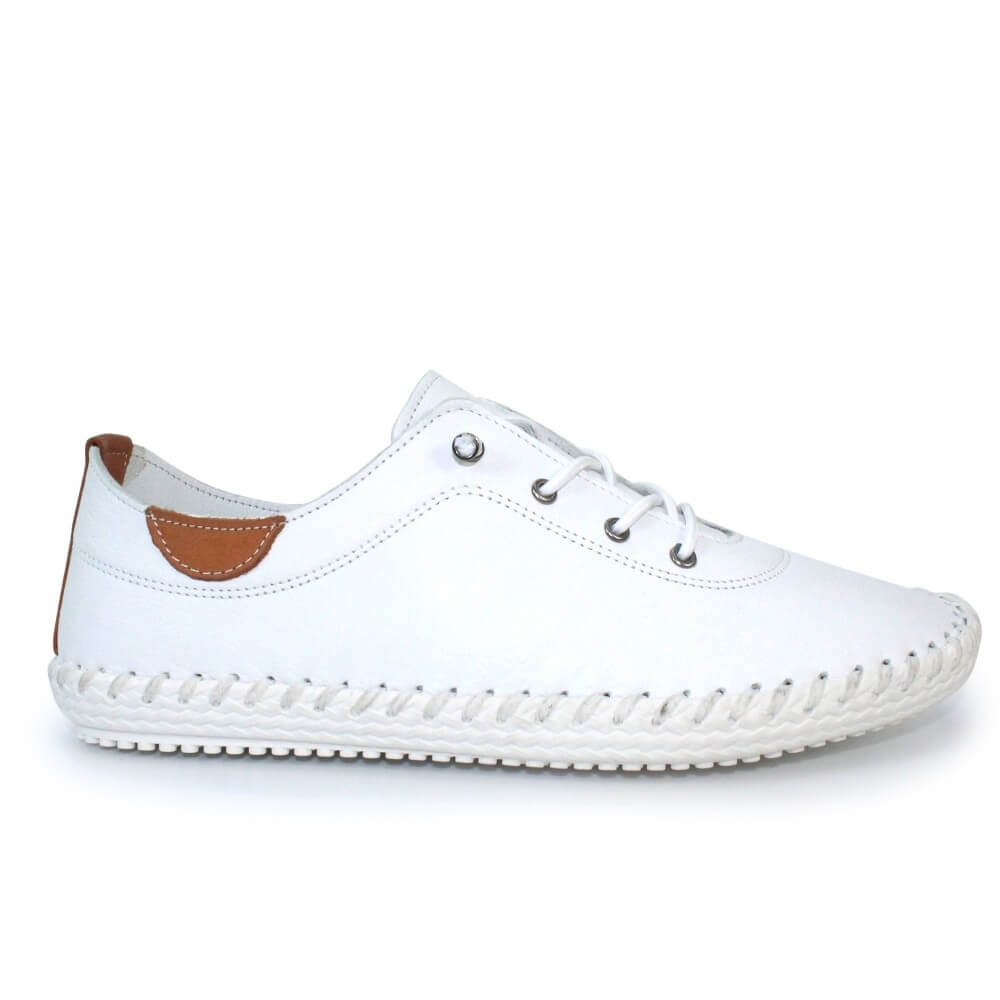 White sneaker with a brown patch on a white background