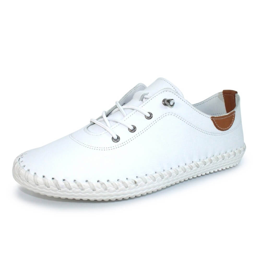 White sneaker with a brown sole on a white background