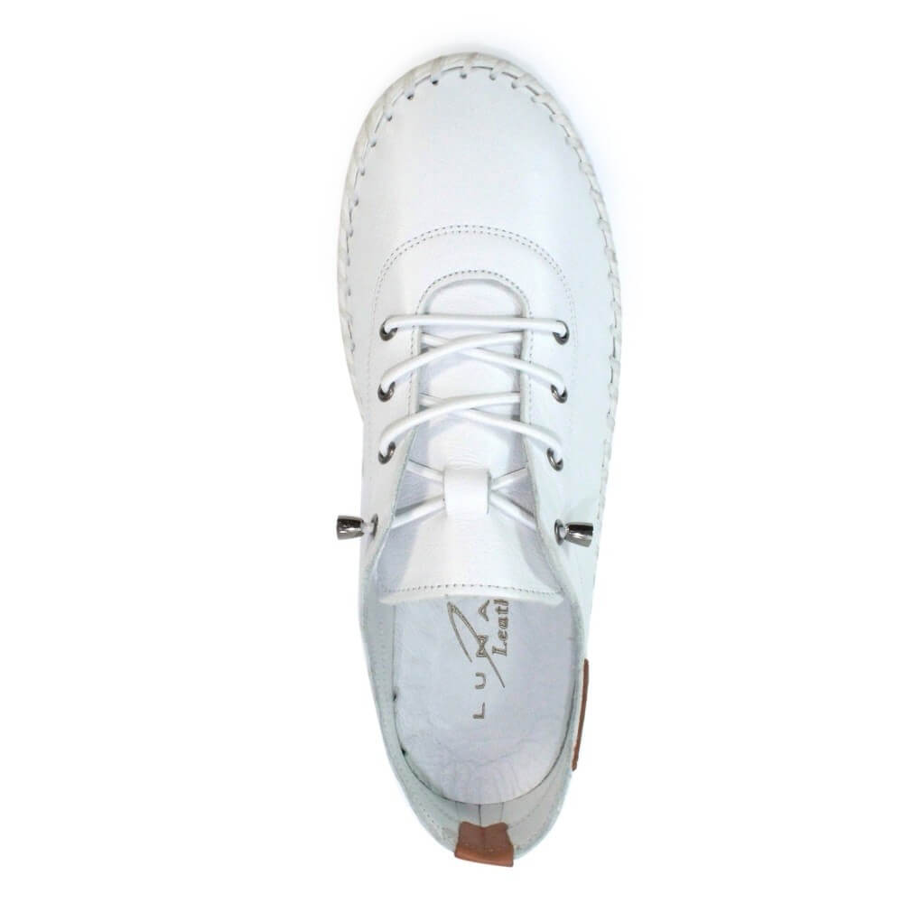 White leather shoe with laces on a white background