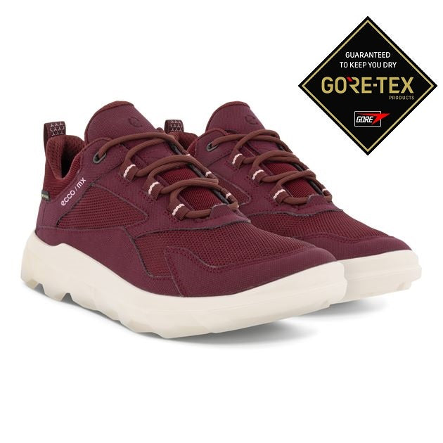 A pair of ECCO MX Gore-Tex sneakers in wine color with lace-up closure, motocross-inspired sole, and GORE-TEX branding. Ecco MX Gore-Tex 820193