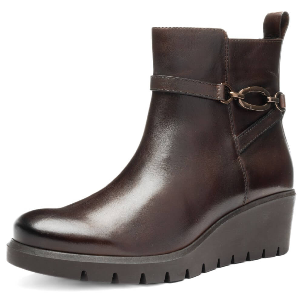 Brown ankle boot with a strap and buckle on a white background Ara Como Wedge Ankle Boots H-Fit 12-57002 Cacao Brown