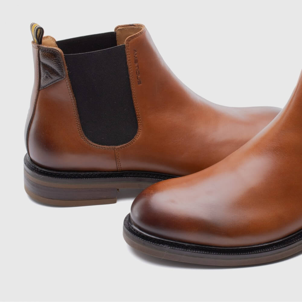 Brown leather Chelsea boot on a light gray background Ambitious Gali Leather Chelsea Boot 13643 Cognac