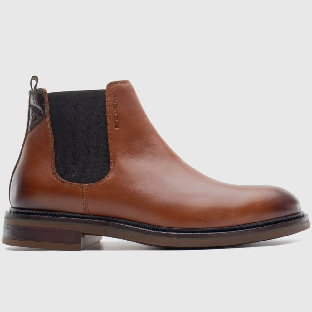 Brown leather Chelsea boot on a light gray background Ambitious Gali Leather Chelsea Boot 13643 Cognac