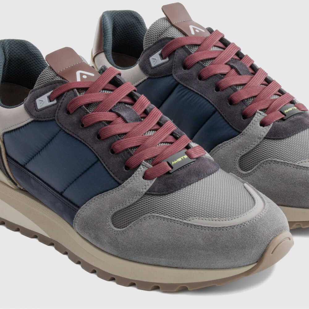 Blue and grey leather sneakers with wine red laces