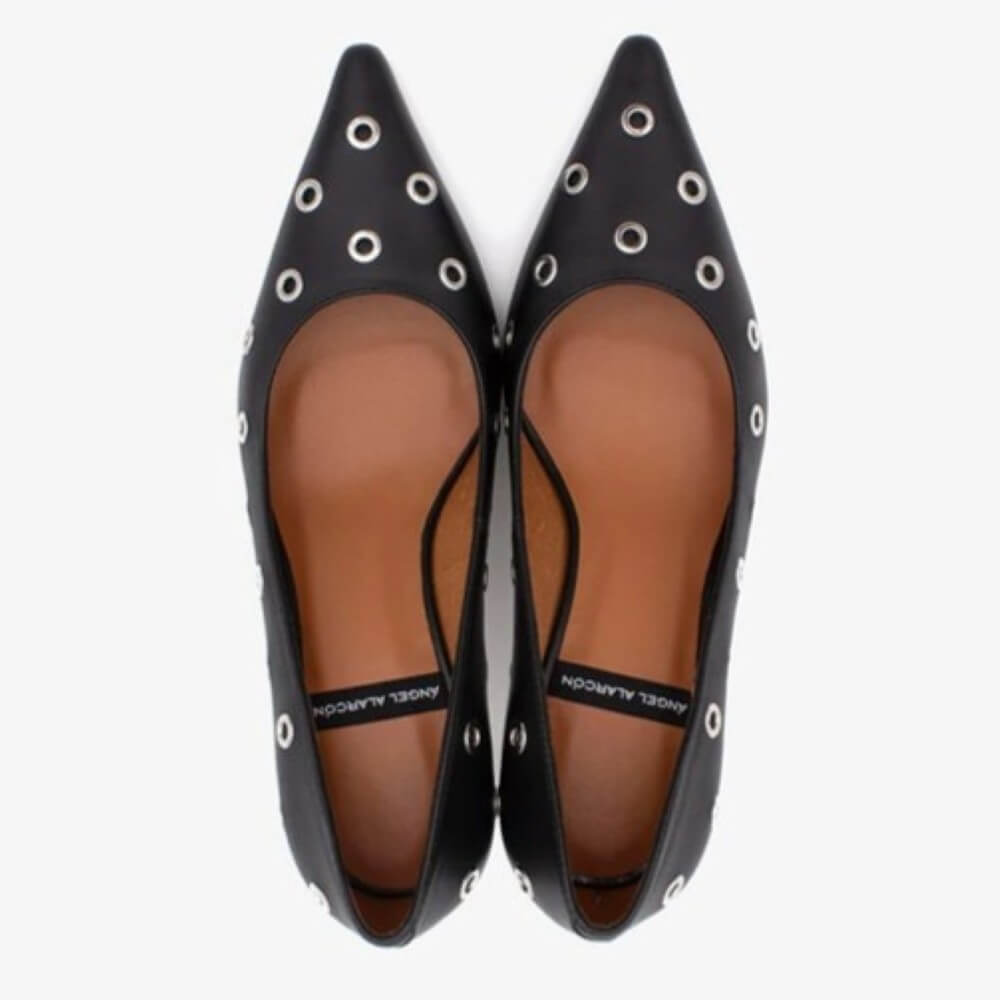 Black high-heeled shoe with sliver eyelet details on a white background Ángel Alarcón Adriene 25557 Leather Court Shoe-BLACK