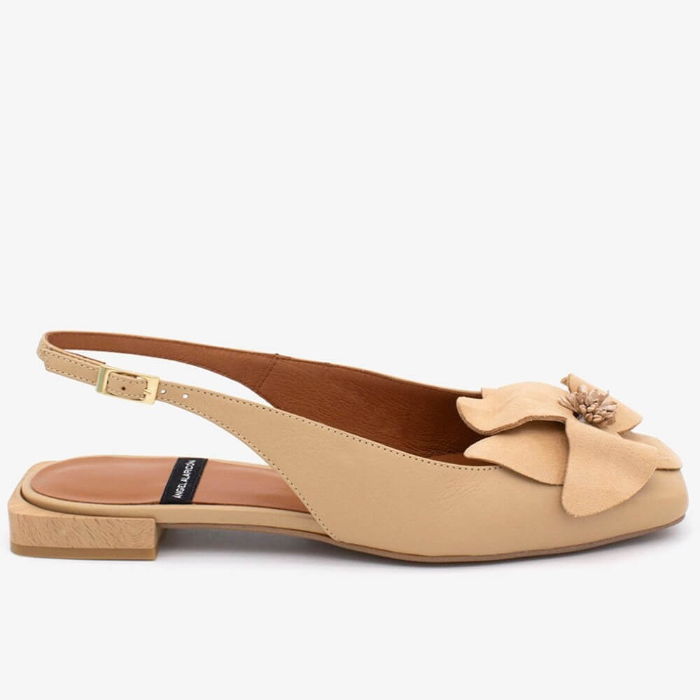 Angel Alarcon Beige sandals with floral decorations on a white background