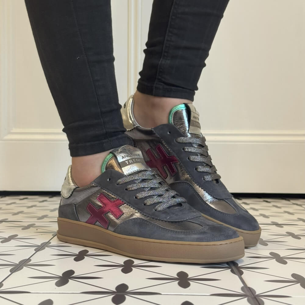 Dark Grey and Gold sneaker with pink 'X'  Another Trend Iconic Leather Sneakers A032-ANTHRACITE
