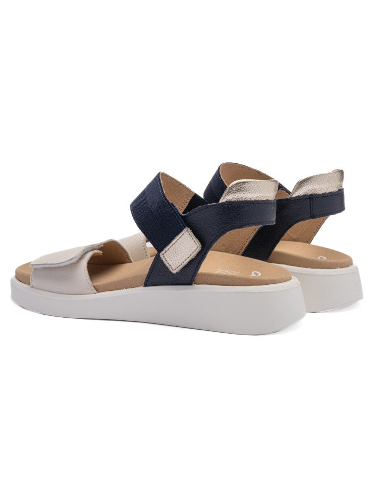 Pair of Ara sandals with navy straps and white soles on a white background