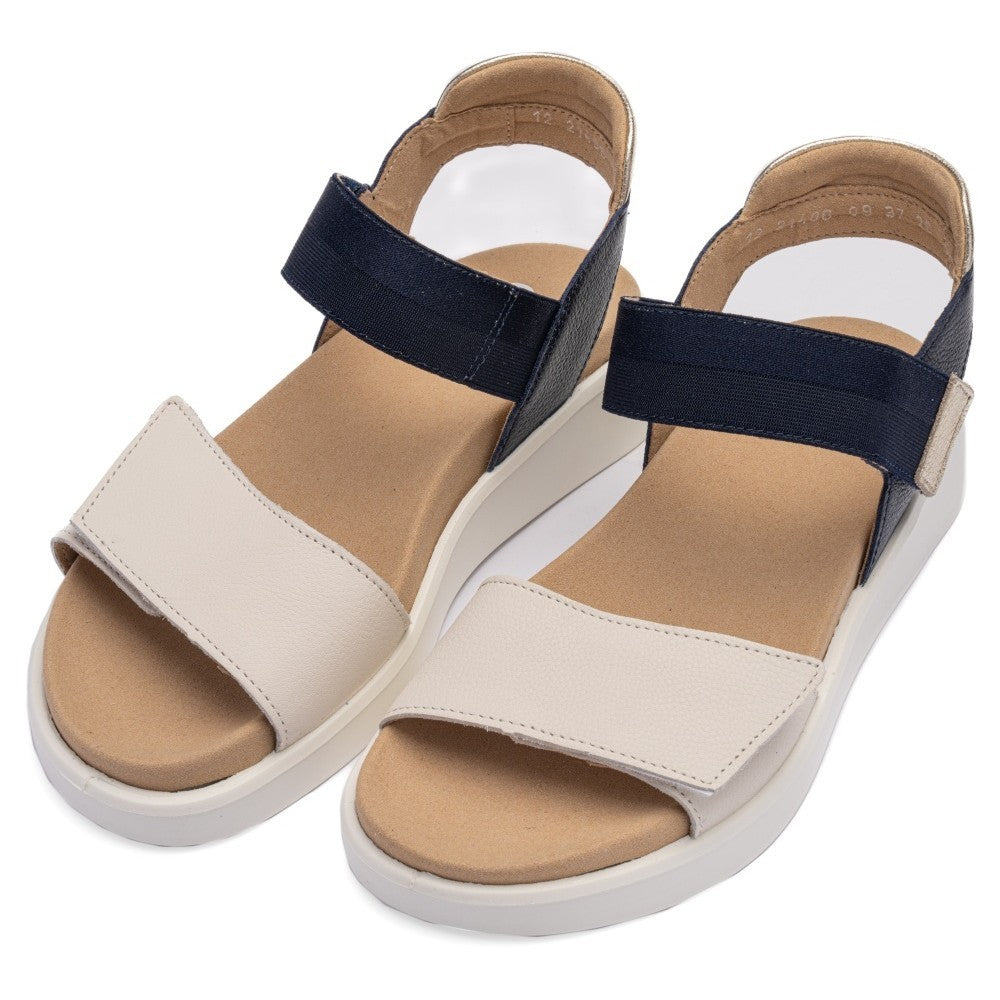 Ara Navy and beige sandals with white soles on a white background