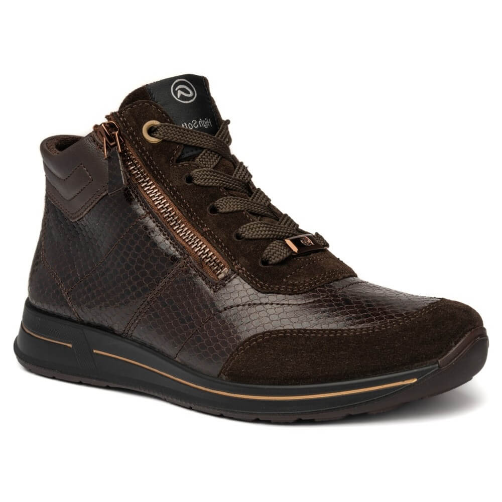 Ara dark brown ankle-high sneaker boot featuring a mix of textured leather and snakeskin-pattern panels, a side zipper, lace-up front, and a black sole with a thin tan accent line.