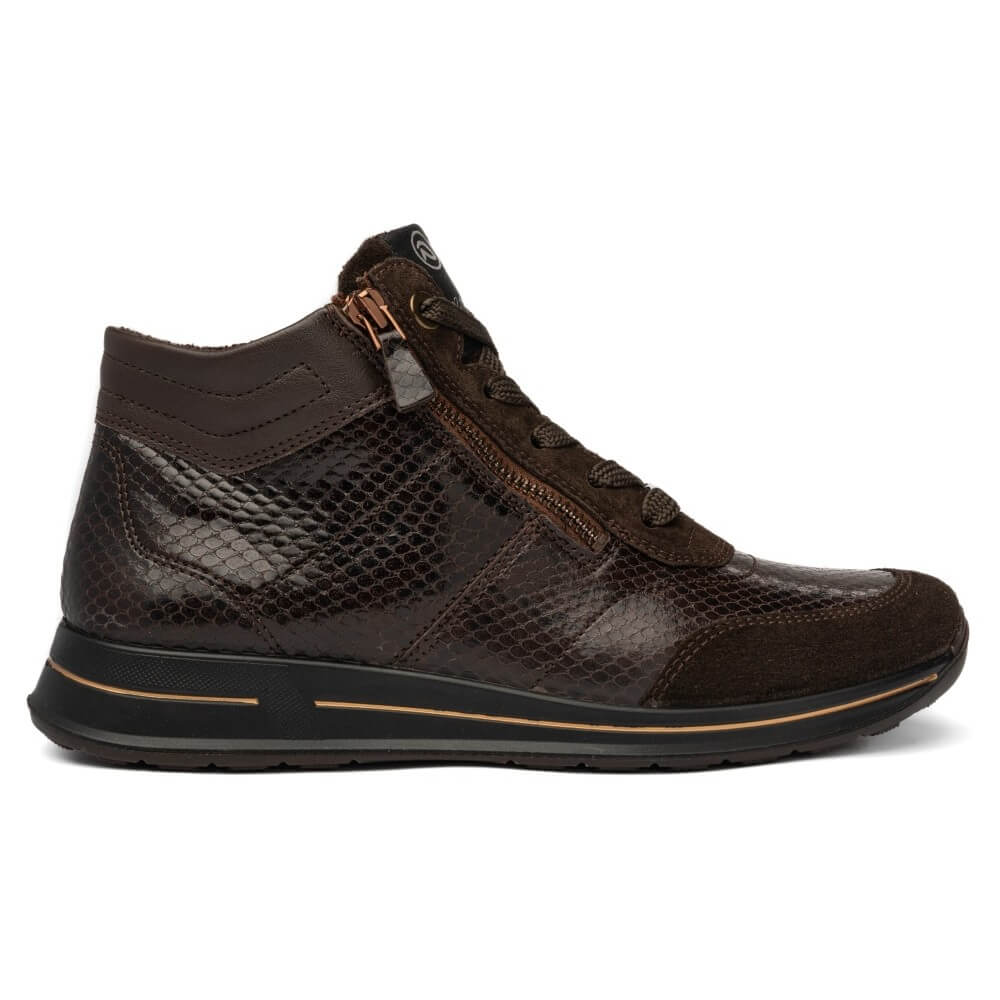 Ara dark brown ankle-high sneaker boot featuring a mix of textured leather and snakeskin-pattern panels, a side zipper, lace-up front, and a black sole with a thin tan accent line.