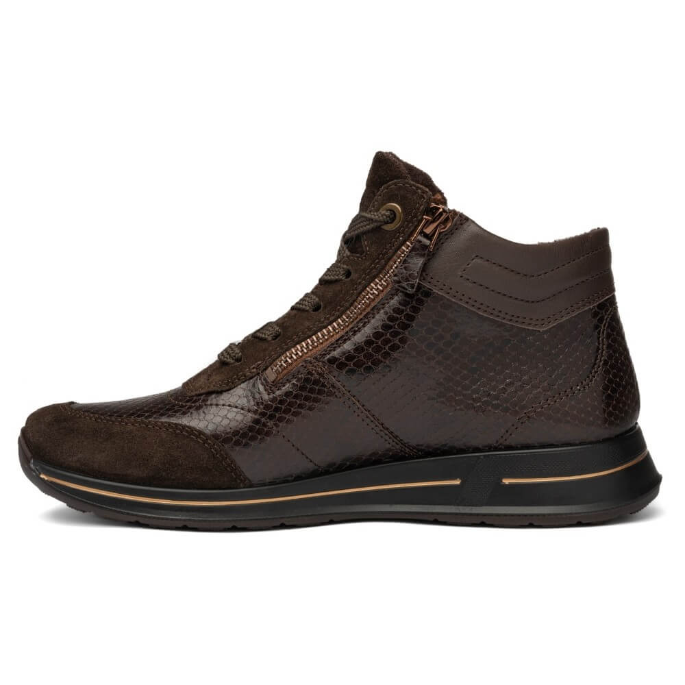 Ara dark brown ankle-high sneaker boot featuring a mix of textured leather and snakeskin-pattern panels, a side zipper, lace-up front, and a black sole with a thin tan accent line.