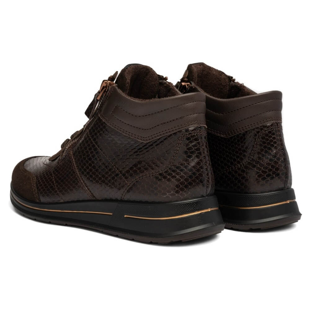 A pair of dark brown ankle boots featuring a mix of smooth leather and textured python-patterned panels, shown from a three-quarters angle on a white background.