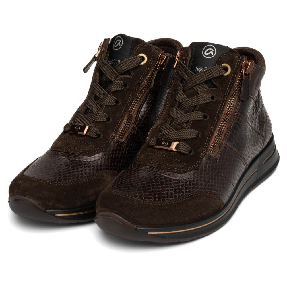A pair of Ara dark brown hi-top lace-up boots with a mix of textured crocodile-patterned leather and suede panels, featuring bronze-toned metal eyelets and zippers, shown on a white background.