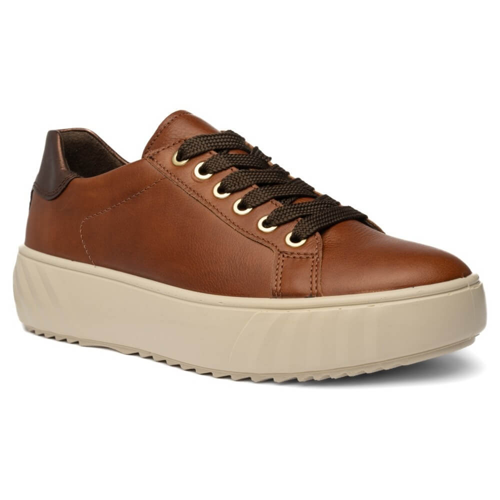 Ara brown leather low-top platform sneaker with dark brown laces, gold eyelets, and a thick beige sole, shown from a three-quarters angle on a white background.