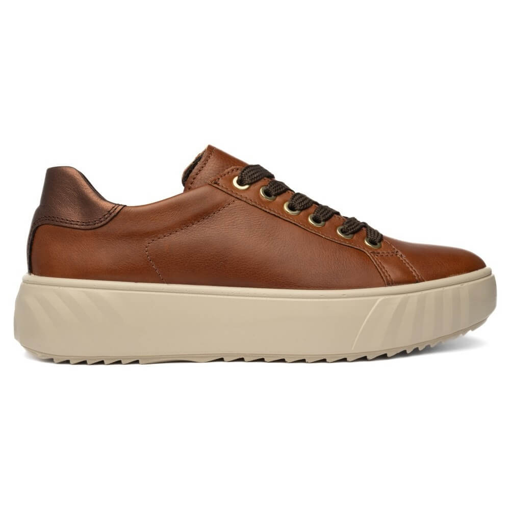 Ara brown leather low-top platform sneaker with black laces and a chunky beige sole, shown in a side profile on a white background.