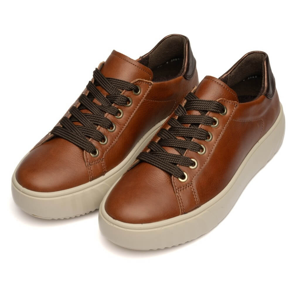 A pair of ara brown leather low-top sneakers with dark brown laces and thick off-white platform soles, shown on a clean white background.