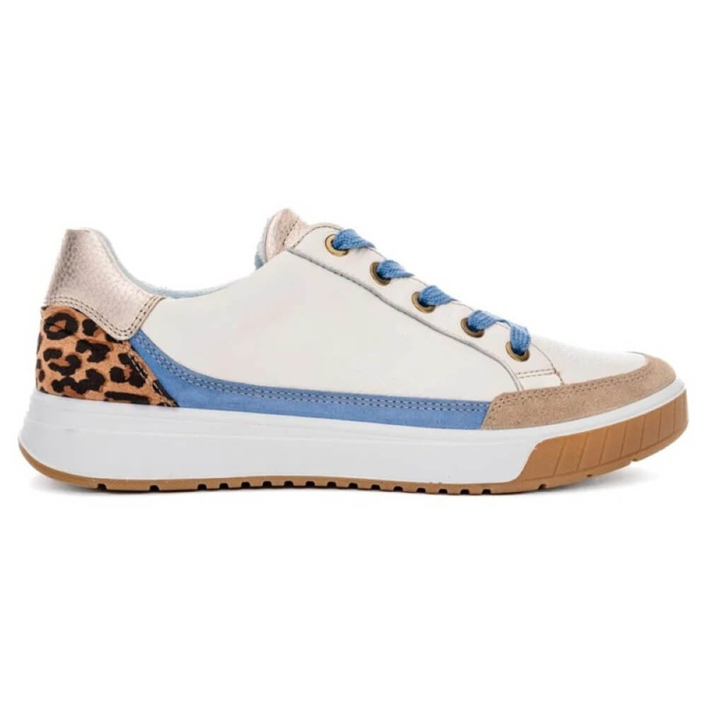 Ara Rom 12-50004 White sneaker with blue accents and leopard print details on a white background