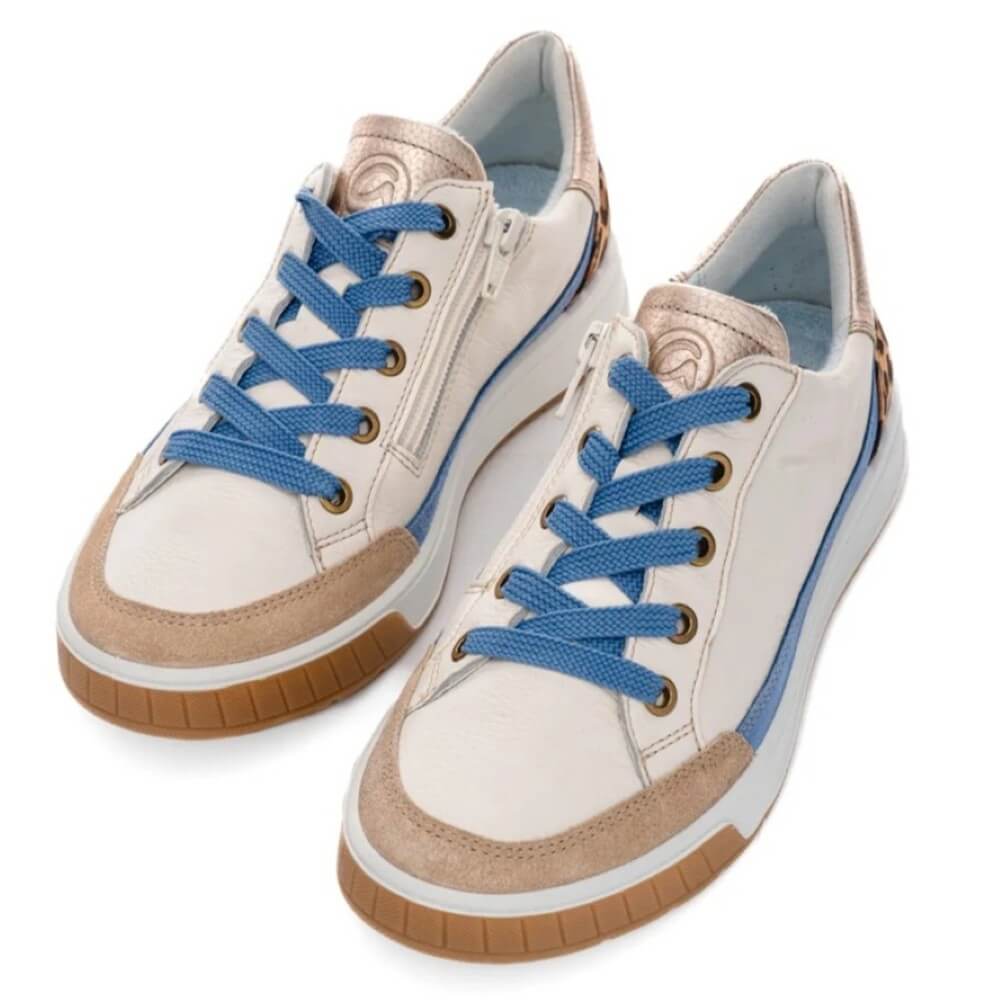Ara Rom 12-50004 White sneaker with blue accents and leopard print details on a white background