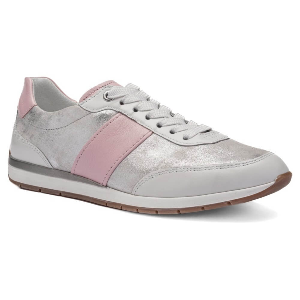 ara 12-50904 White silver sneaker with pink accents on a white background