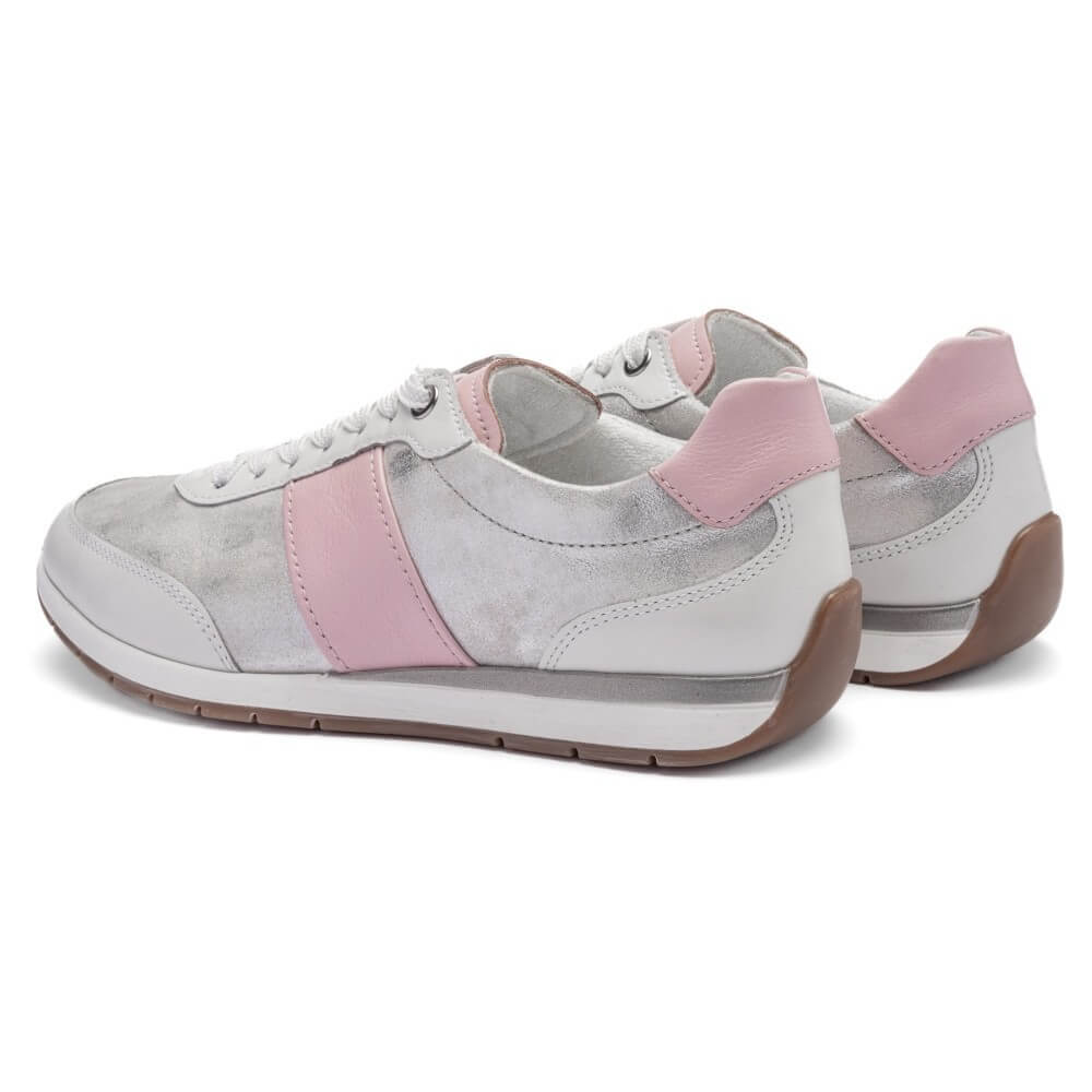ara 12-50904 White silver sneaker with pink accents on a white background