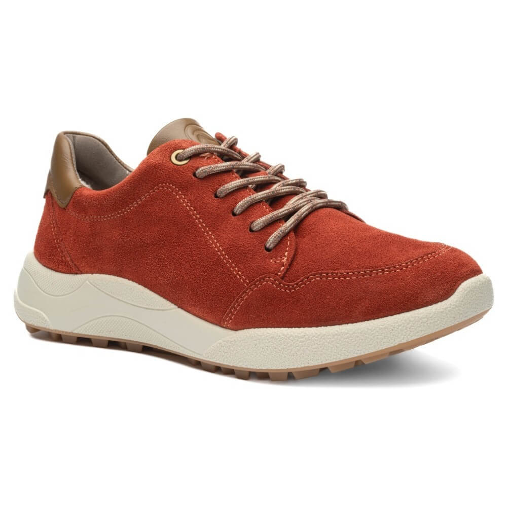 A single ara low-top casual sneaker in rust-red suede with brown laces, a brown heel tab, and a thick cream-colored midsole, shown from a three-quarters angle on a white background.